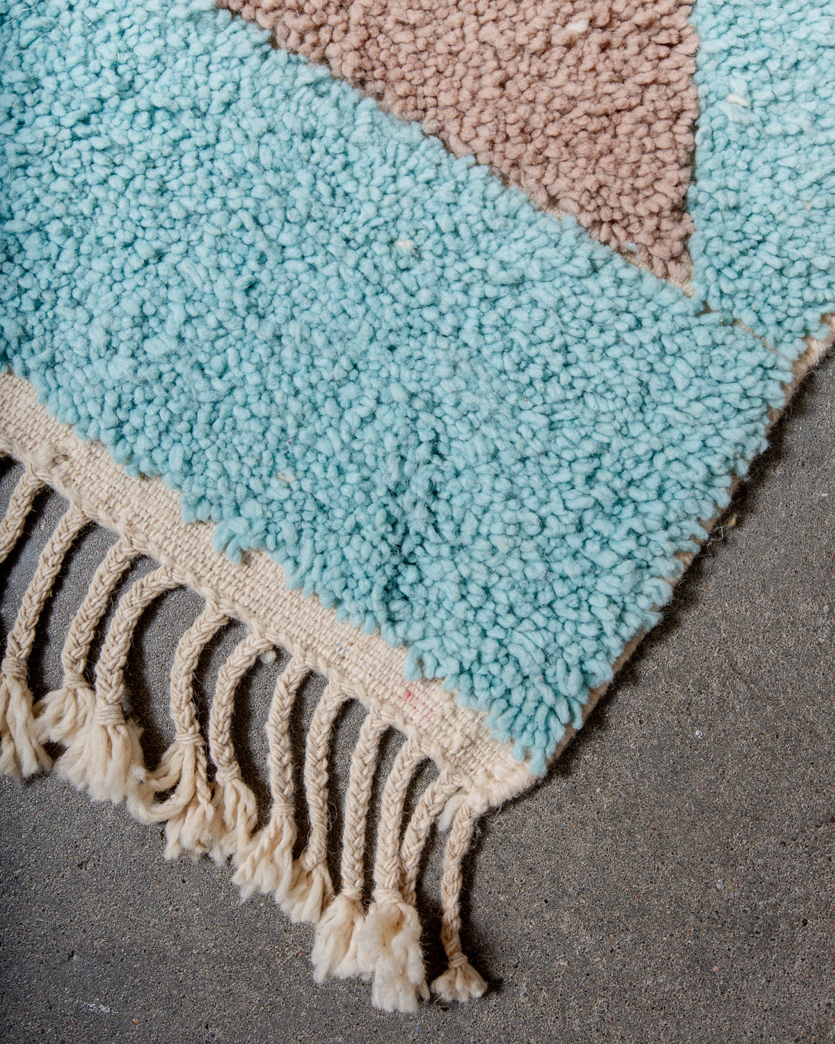 Modern, designer, handcrafted Berber rug from Morocco. Beniourain carpet with beautiful colours and patterns and fluffy wool texture.